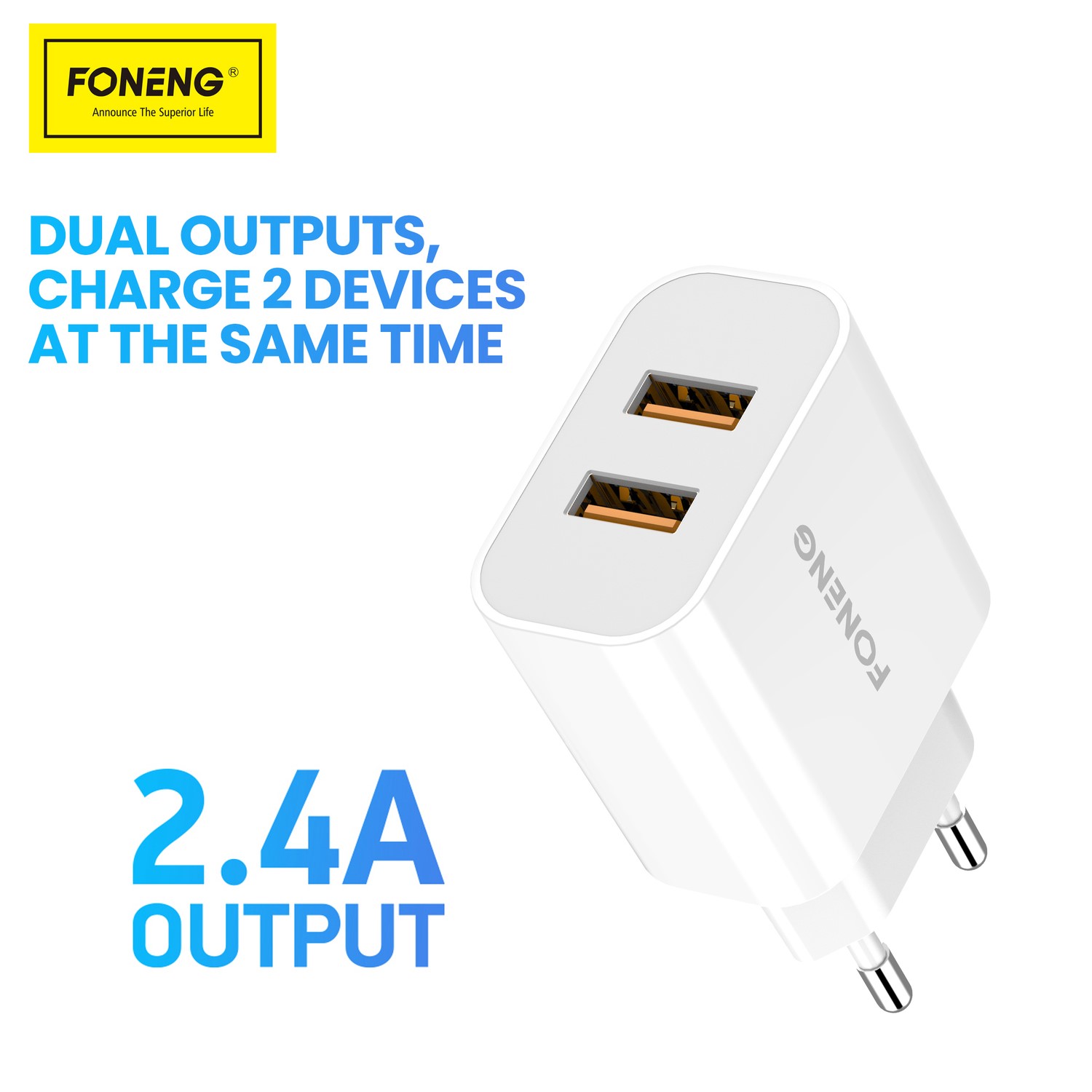 Incarcator Retea Foneng EU45 2XUSB-12W, 2,4A USB cu cablu Tip C - 1 | YEO